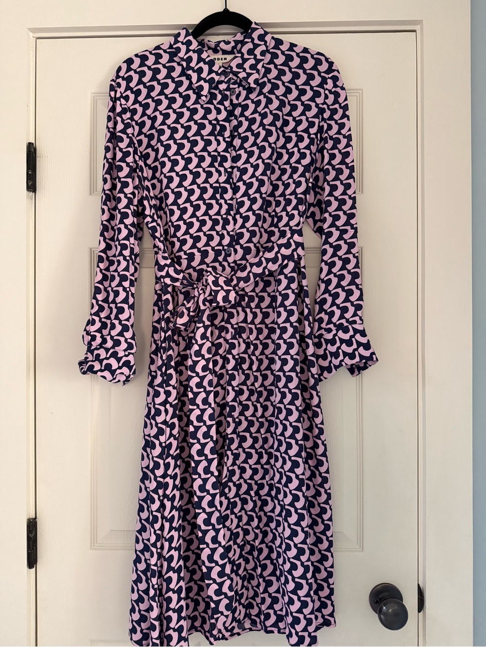 Boden Pink and Navy Long-Sleeve Shirt Dress with Tie Waist